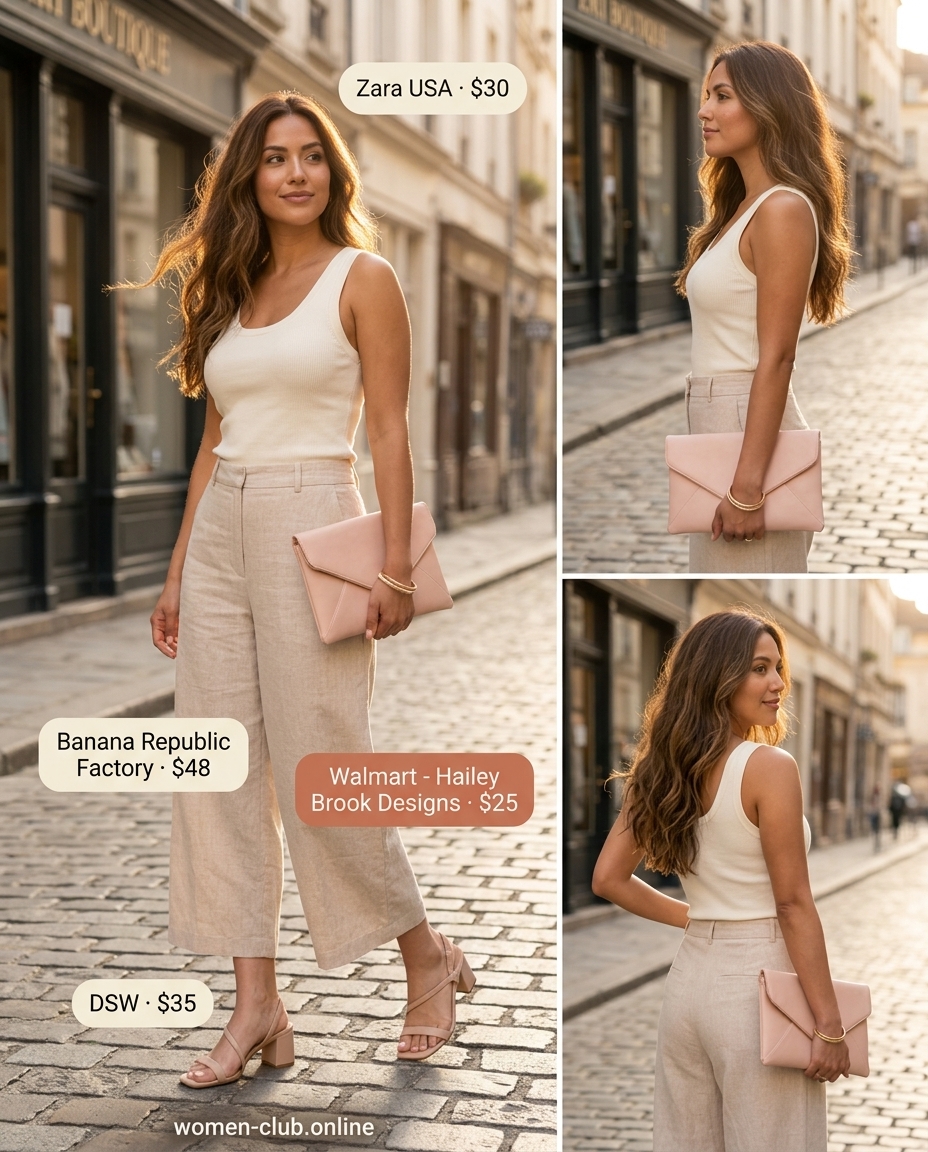 Petite summer cropped pants outfits 2026: Blush pink floral skirt, cream top, block heels. Romantic garden party style.