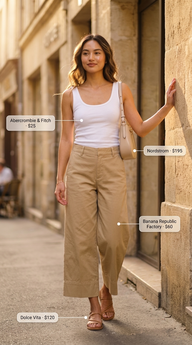 Petite summer cropped pants outfits 2026: Khaki high-waisted cropped pants, white tank, nude crossbody for weekend errands.