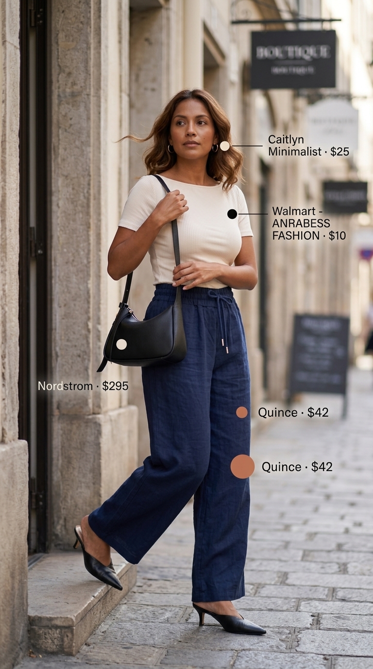 Petite summer cropped pants outfits 2026: Navy cropped pants, cream knit top, black mules for smart casual.