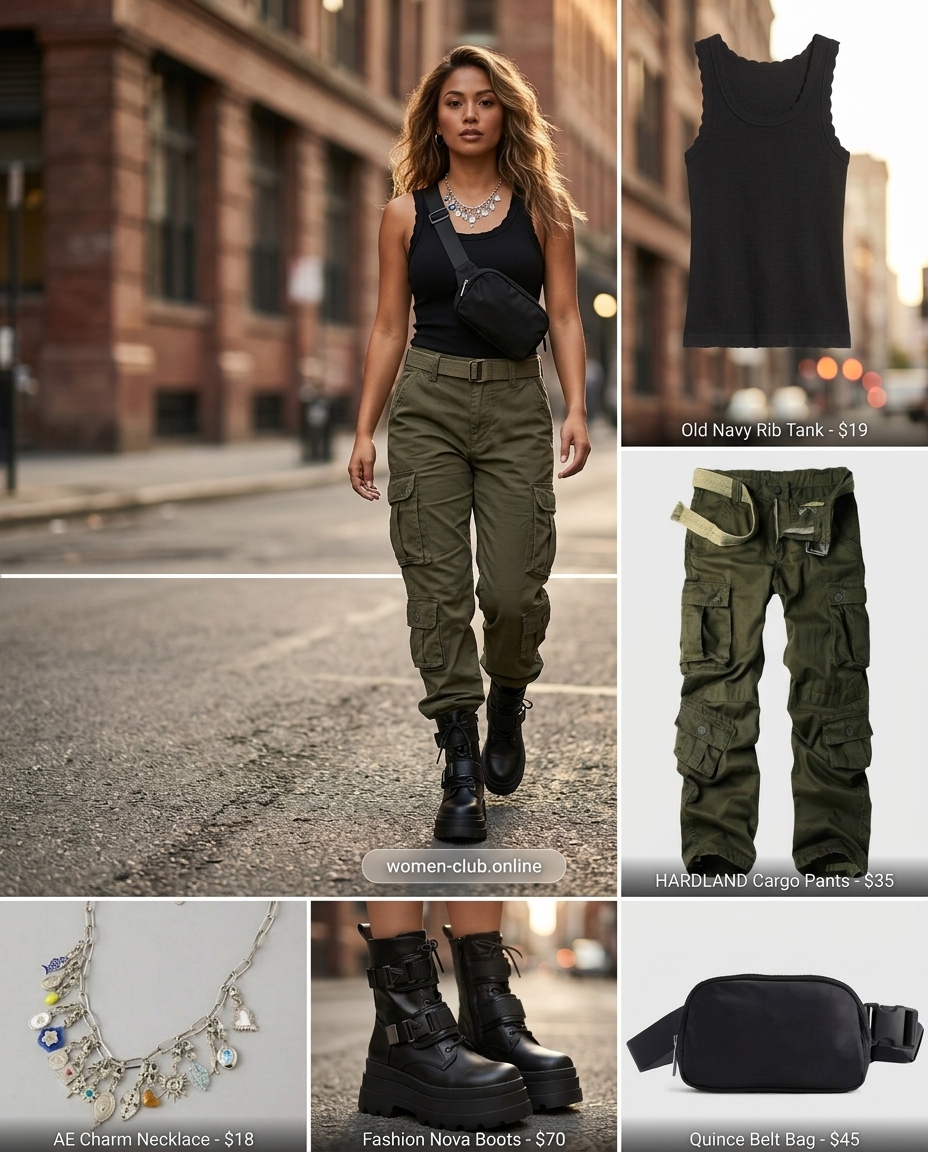 Petite summer cropped pants outfits 2026: Edgy olive cargo pants, black tank, combat boots. Urban street style.