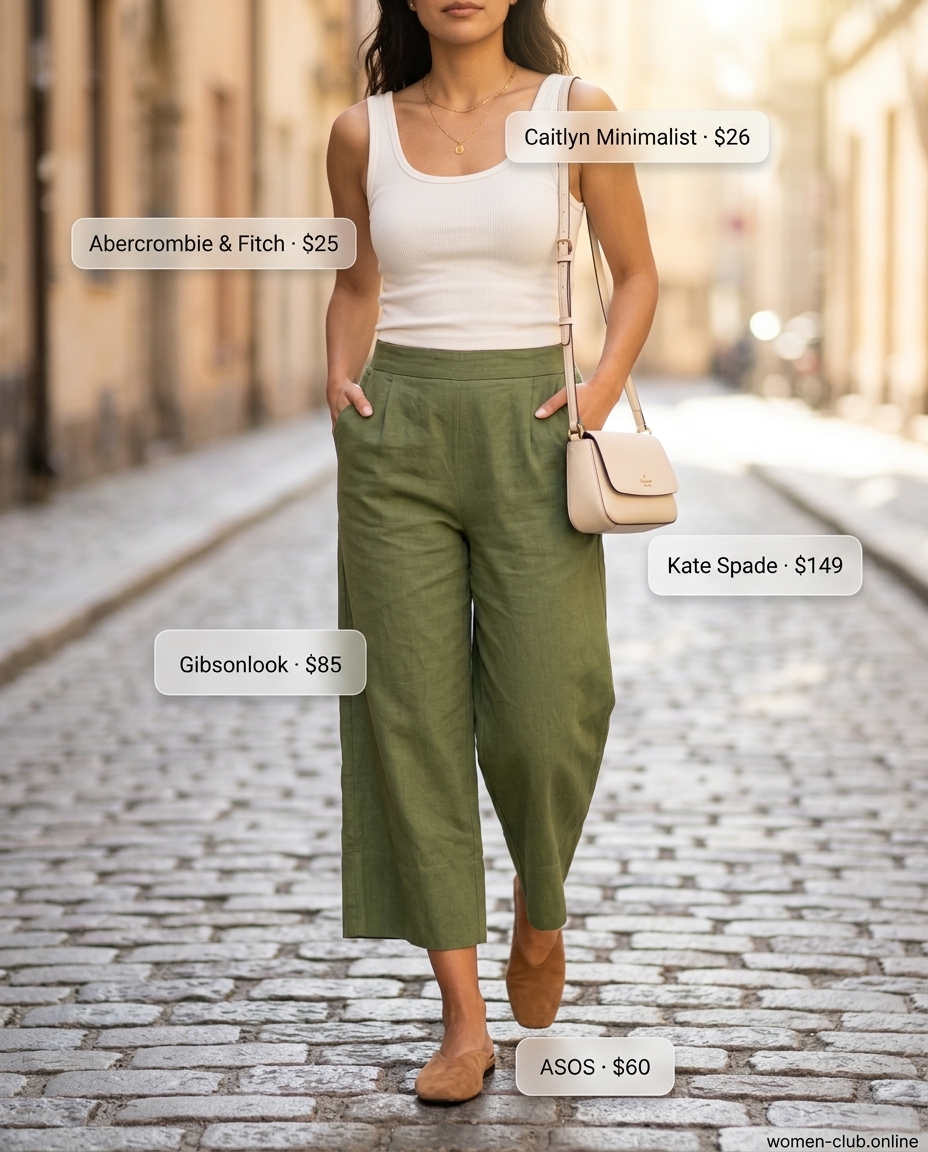 Petite summer cropped pants outfits 2026: Olive linen pants, cream tank, tan mules. Polished casual look.