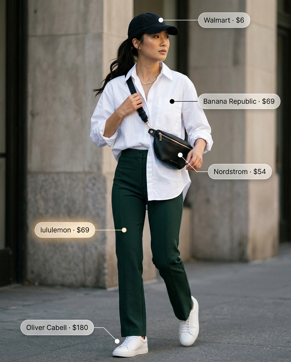 Petite summer cropped pants outfits 2026: Olive shorts, white shirt, sneakers. Modern casual city style.