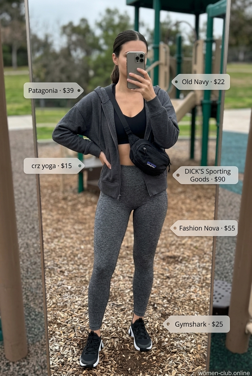 Grey leggings with lavender hoodie, sports bra, and sneakers for active playground mom outfits summer 2026.