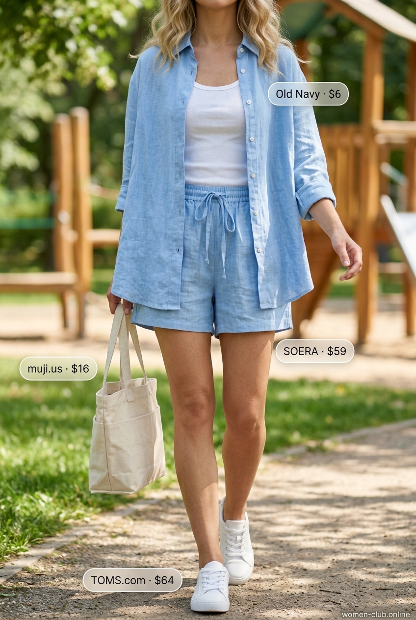 Playground mom outfits summer 2026: Light blue linen shorts set with white tank and sneakers. Easy & breezy.