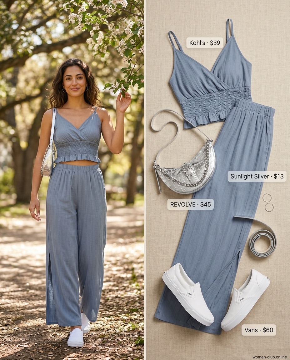 Blue pinstripe set with white sneakers and silver bag for casual playground mom outfits summer 2026.