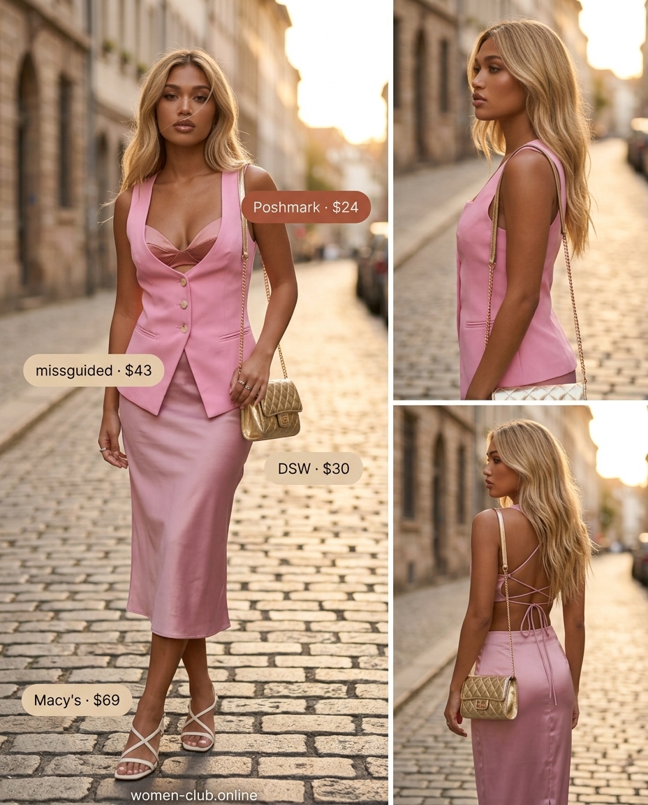 Playground mom outfits summer 2026: Blush pink satin set, champagne sandals, and gold earrings for a glamorous evening.