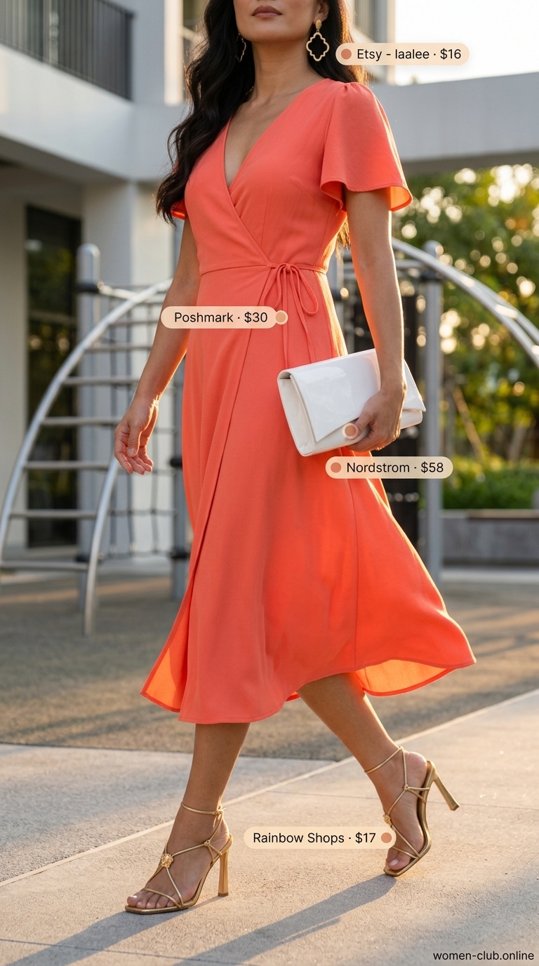 Playground mom outfits summer 2026: Coral wrap dress, gold sandals, and white clutch for a vibrant evening look.