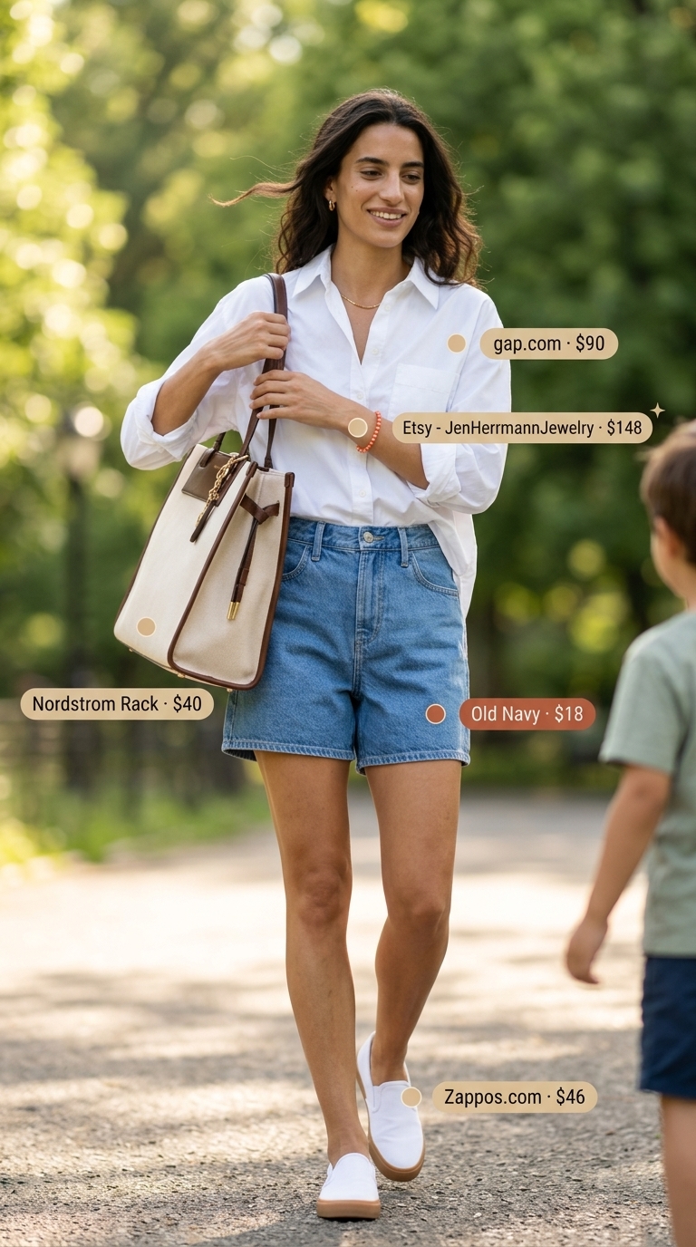 Playground mom outfits summer 2026: Denim shorts with white shirt, sneakers, and tote. Casual & sunny.