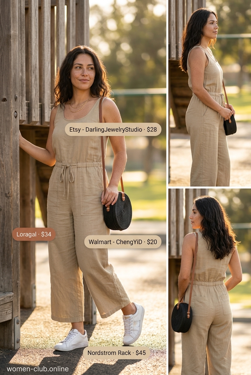 Playground mom outfits summer 2026: Khaki utility jumpsuit, white sneakers, gold necklace, and straw bag for a chic day out.