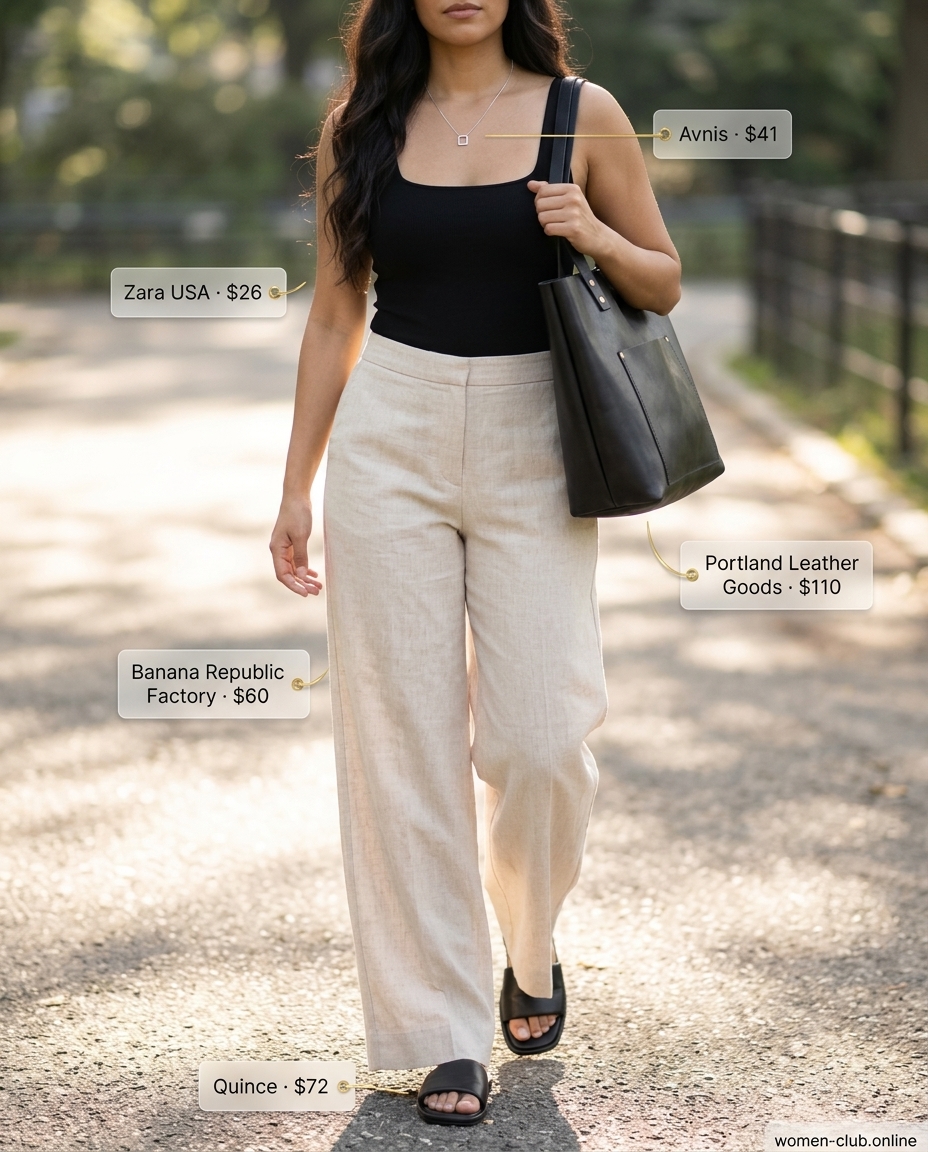 Playground mom outfits summer 2026: Linen pants with black bodysuit, slides, and tote. Minimalist.