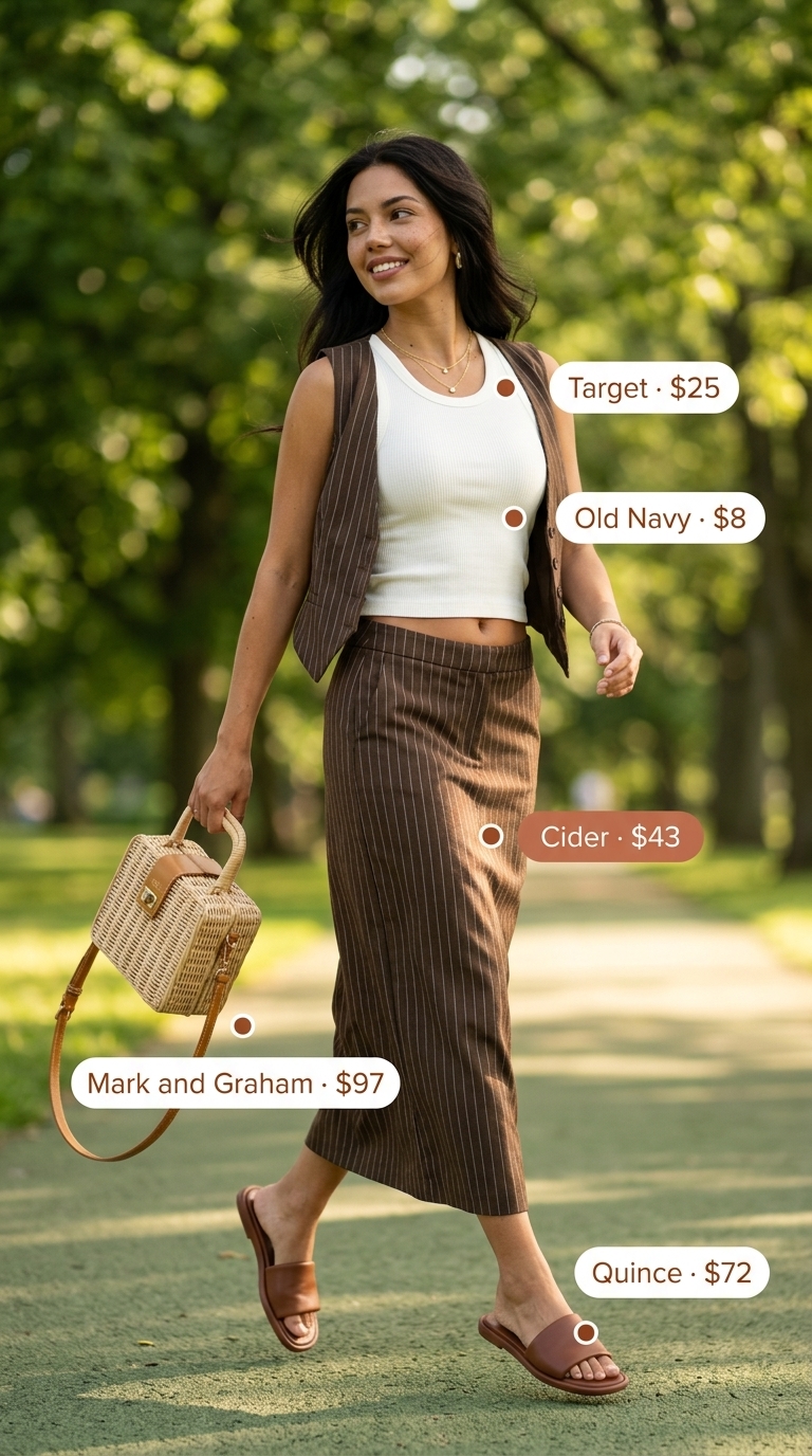 Playground mom outfits summer 2026: Mustard floral midi skirt, cream tank top, and brown slides for brunch.