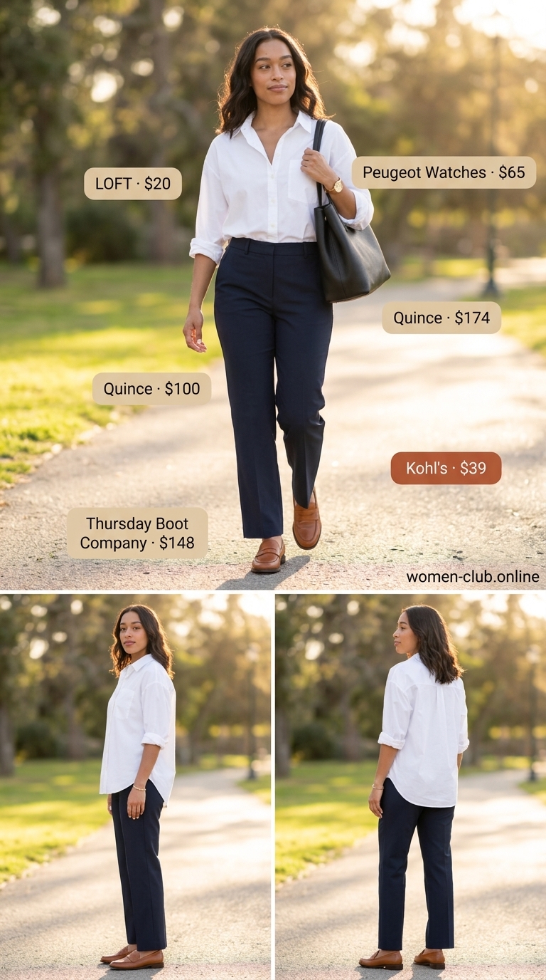 Navy tailored pants with white button-down and loafers for smart errand playground mom outfits summer 2026.