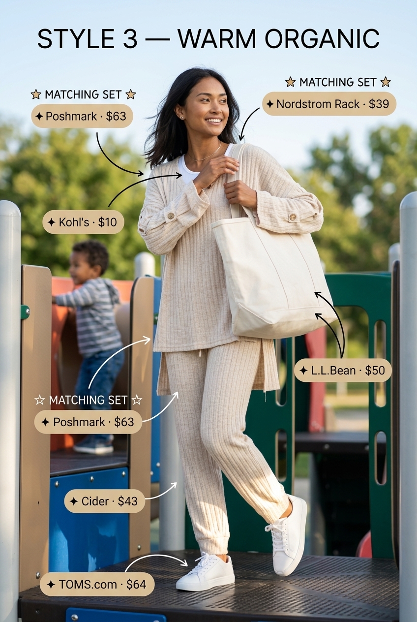 Playground mom outfits summer 2026: Oatmeal knit set with white sneakers and canvas tote. Cozy & relaxed.