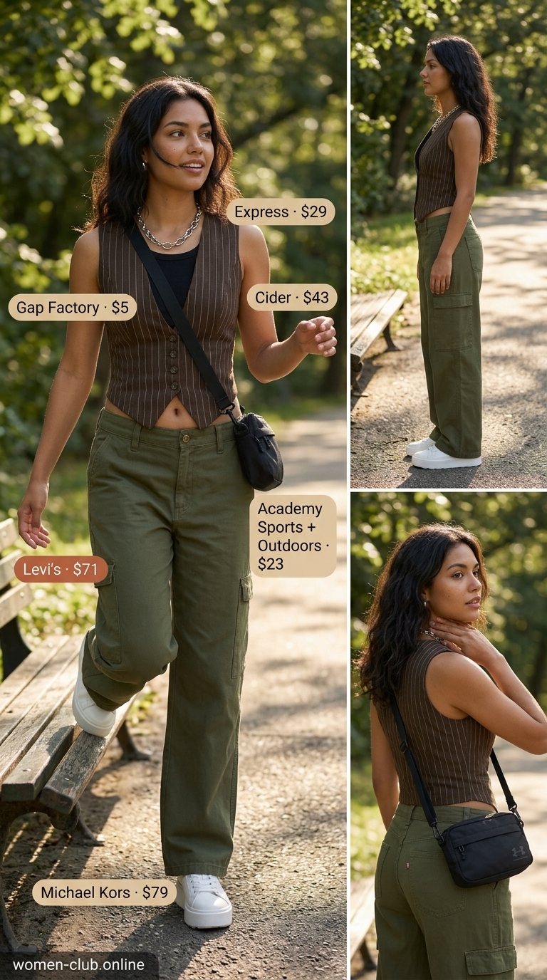 Playground mom outfits summer 2026: Olive cargo pants with black tank, belt bag, and sneakers. Modern.