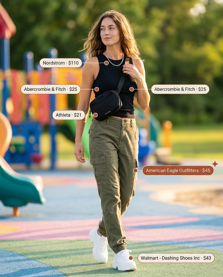 Playground mom outfits summer 2026: Olive cargo pants with black tank, belt bag, and platform sneakers. Edgy.