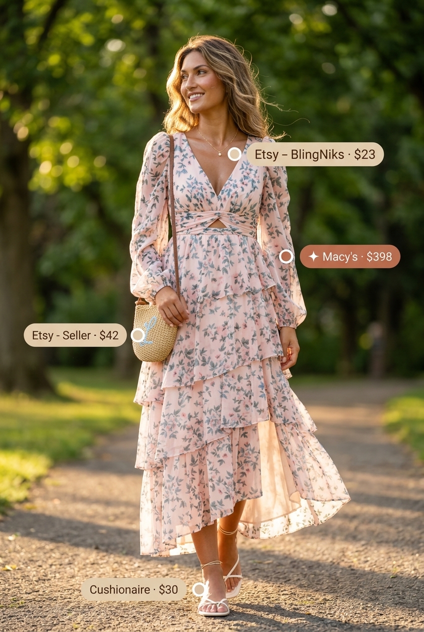 Playground mom outfits summer 2026: Pastel floral prairie dress, straw bag, and flat sandals for a picnic.