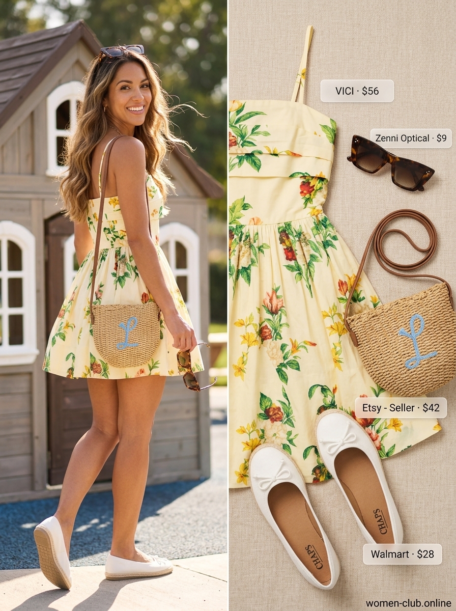 Yellow floral sundress with espadrilles and straw bag for sunny playground mom outfits summer 2026.