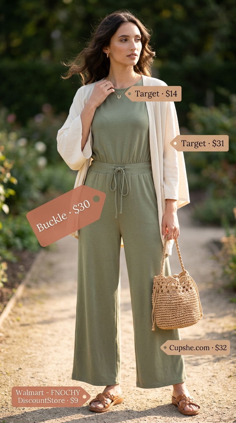 Comfy Stretchy Summer Outfits for Women 2026: Garden Brunch Style Comfy stretchy summer outfits for women 2026: Sage green jumpsuit with cream cardigan for garden brunch.