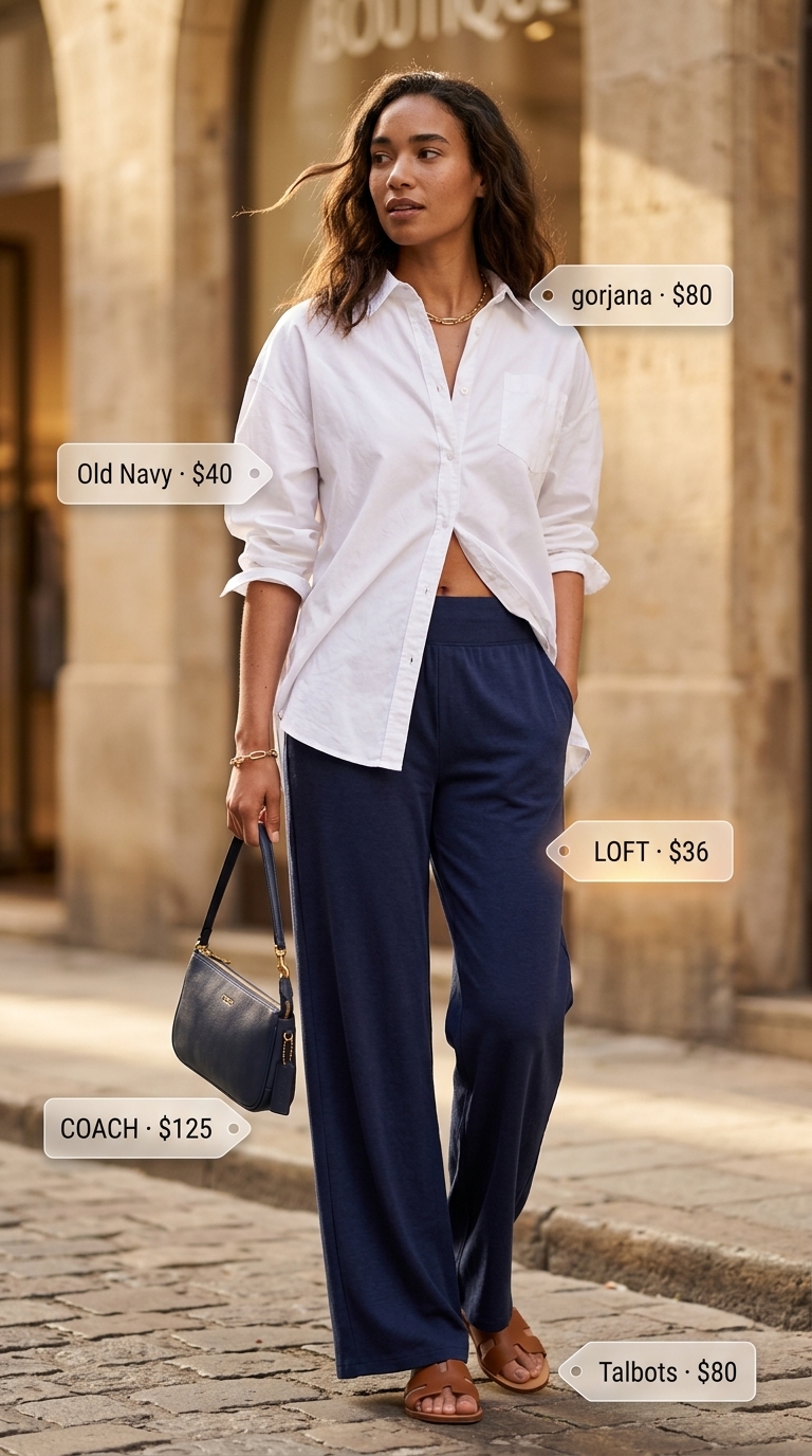 Comfy Stretchy Summer Outfits for Women 2026: Riviera Pants Style Comfy stretchy summer outfits for women 2026: Navy pants with white shirt for polished Riviera style.
