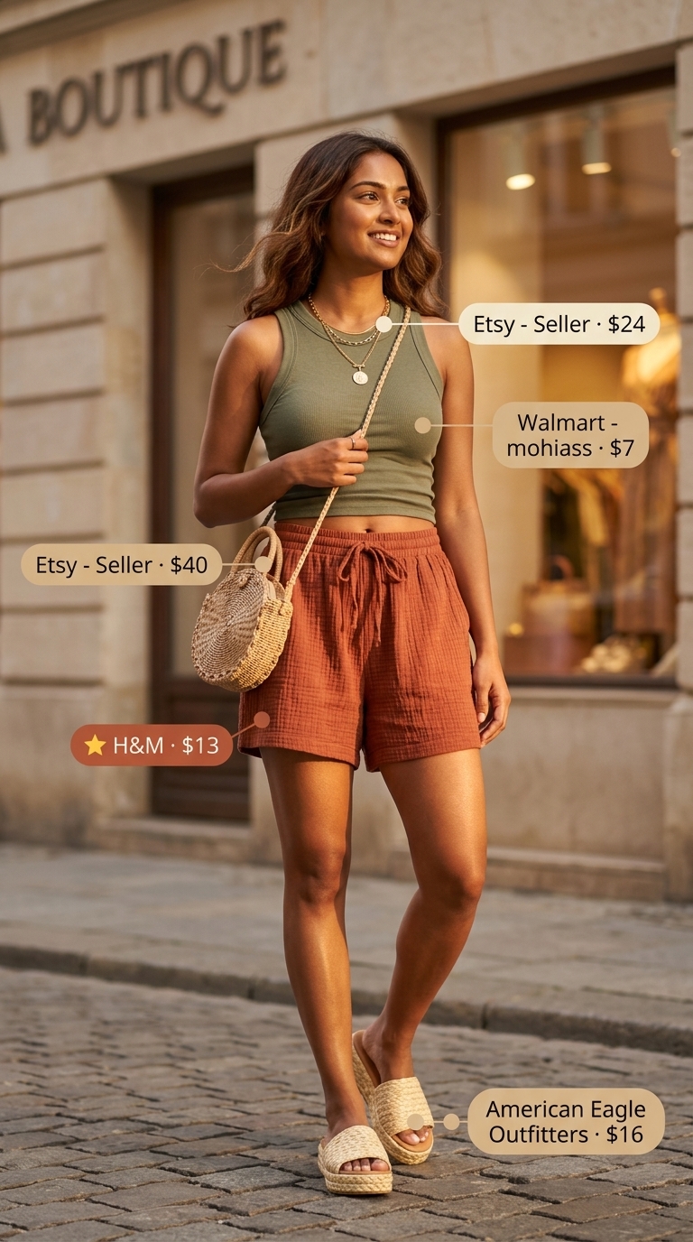 Comfy Stretchy Summer Outfits for Women 2026: Beach Lounge Look Comfy stretchy summer outfits for women 2026: Terracotta shorts with olive tank for beach lounge.