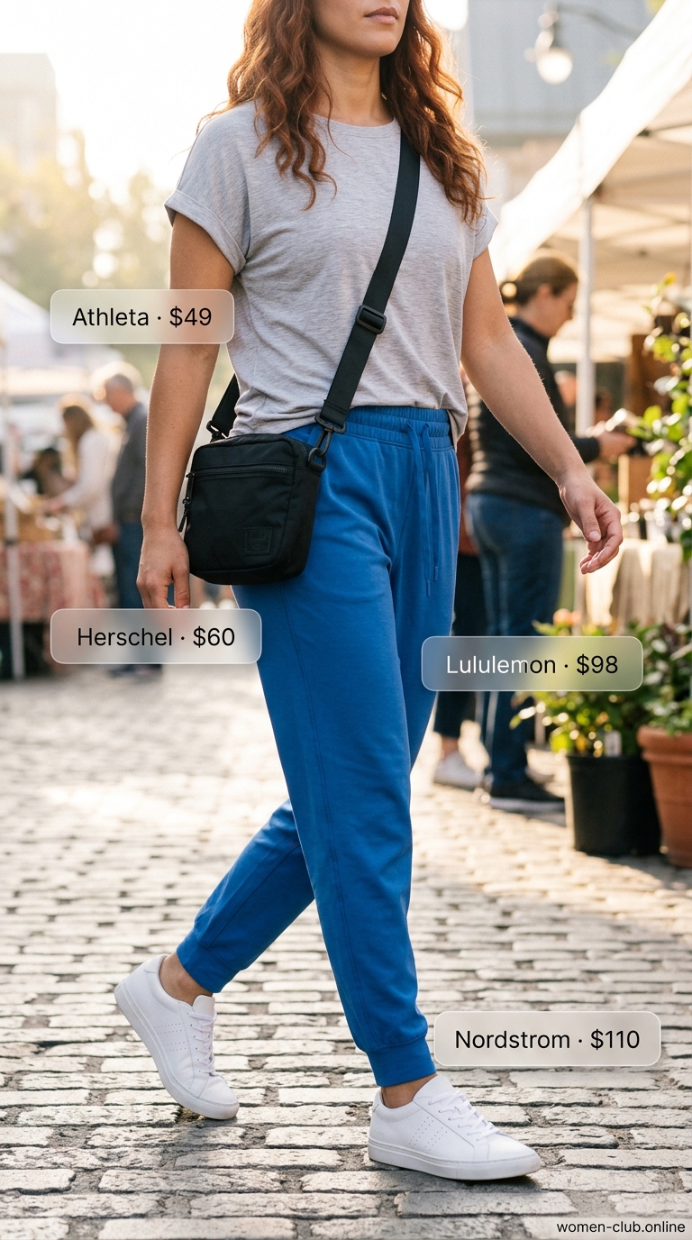 Comfy Stretchy Summer Outfits for Women 2026: Travel Day Utility Jacket Comfy stretchy summer outfits for women 2026: Khaki utility jacket over joggers for travel day.