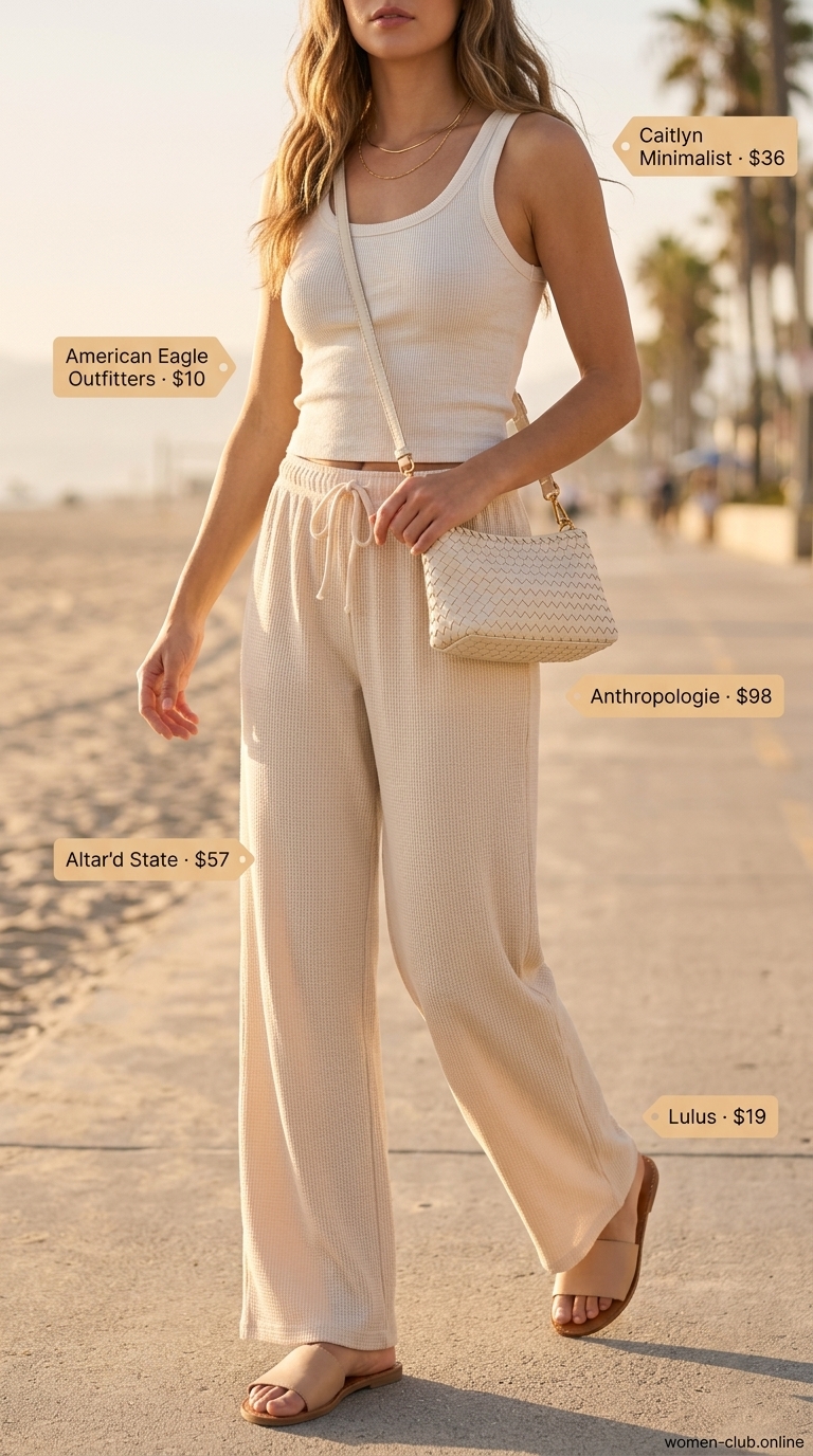Comfy Stretchy Summer Outfits for Women 2026: Relaxed Beach Pants Comfy stretchy summer outfits for women 2026: Sand beige wide-leg pants, cream tank, gold necklaces for a relaxed beach vibe.