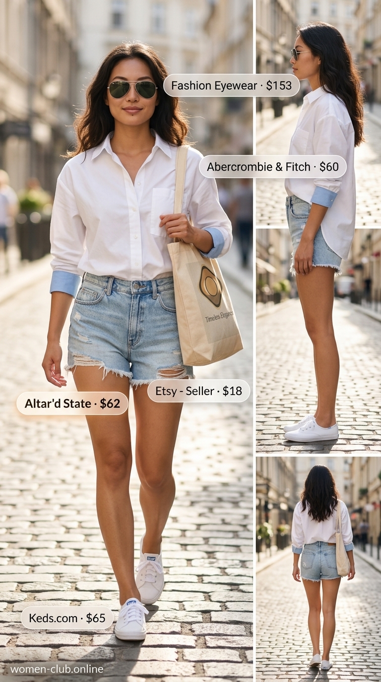 Comfy Stretchy Summer Outfits for Women 2026: City Exploration Style Comfy stretchy summer outfits for women 2026: White oversized shirt, denim shorts, canvas tote for city exploration.