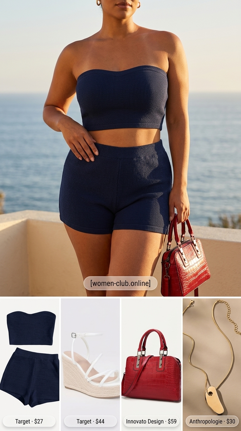 Comfy Stretchy Summer Outfits for Women 2026: Chic Knit Set Comfy stretchy summer outfits for women 2026: Navy knit set, espadrille wedges, red bag for chic resort wear.