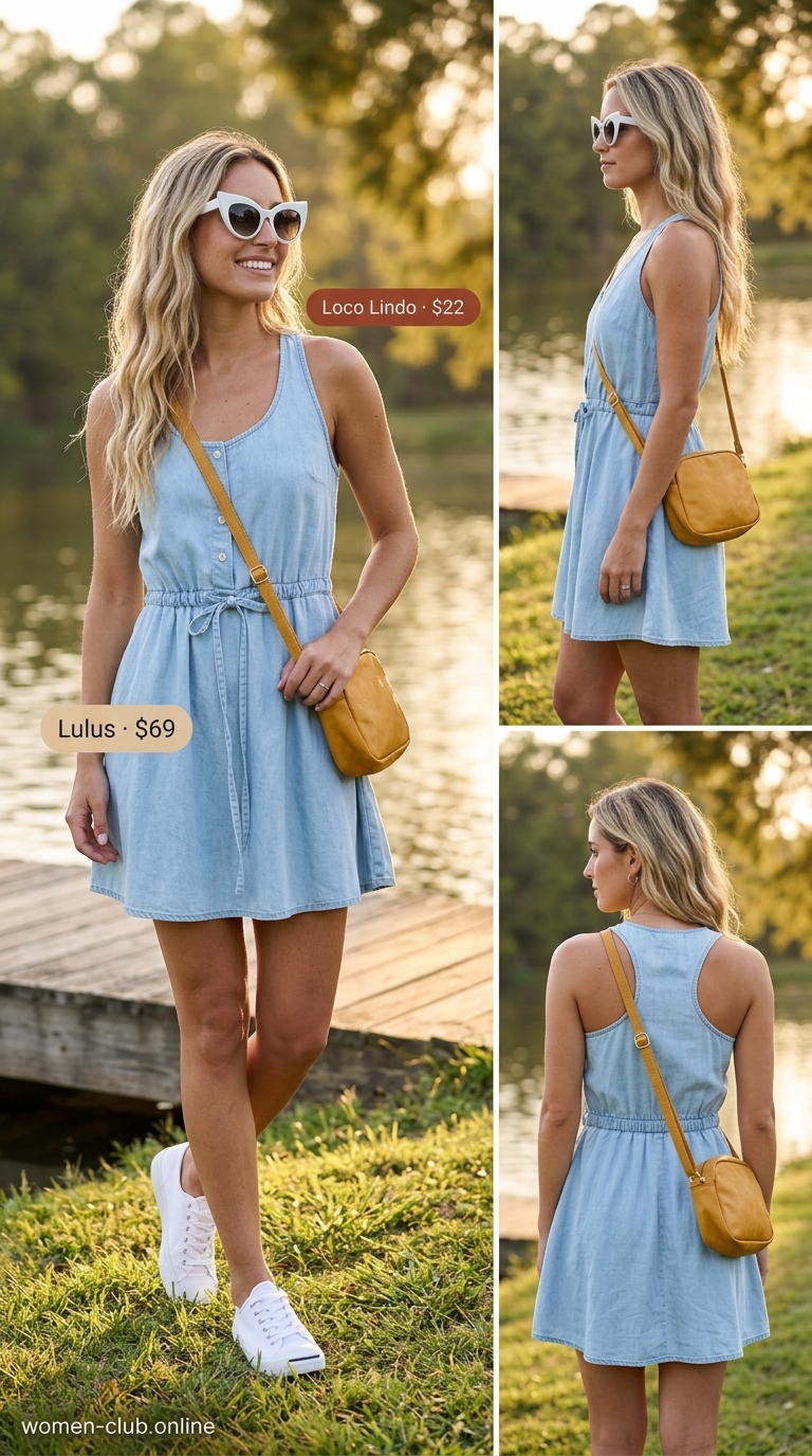 Comfy Stretchy Summer Outfits for Women 2026: Playful Lakeside Dress Comfy stretchy summer outfits for women 2026: Sky blue mini dress, white sneakers, yellow crossbody for a playful vibe.