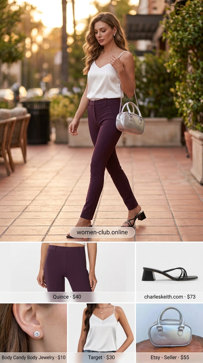 Comfy Stretchy Summer Outfits for Women 2026: Elegant Evening Look Comfy stretchy summer outfits for women 2026: Lavender trousers, white satin cami, silver sandals for a dreamy evening look.