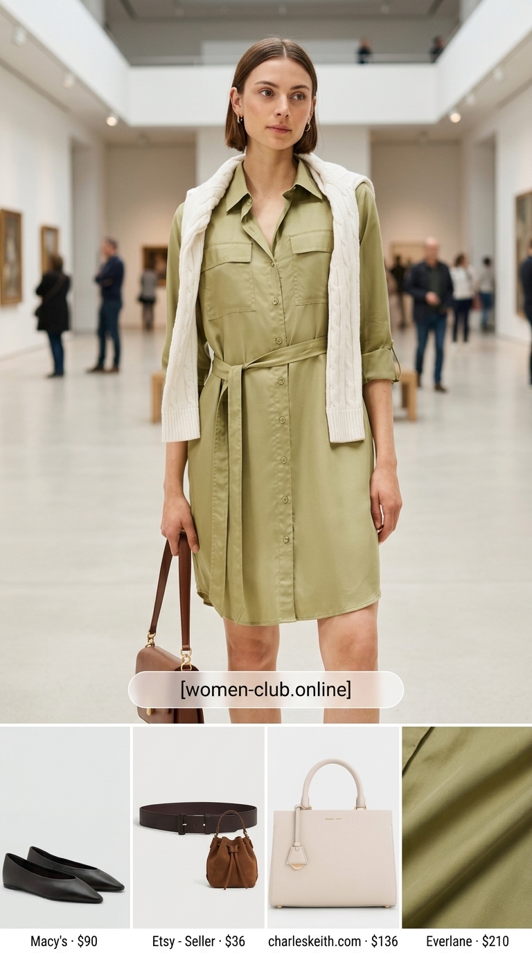 Comfy Stretchy Summer Outfits for Women 2026: Sophisticated Utility Dress Comfy stretchy summer outfits for women 2026: Olive green shirt dress, cream bag, dark brown loafers for chic office style.