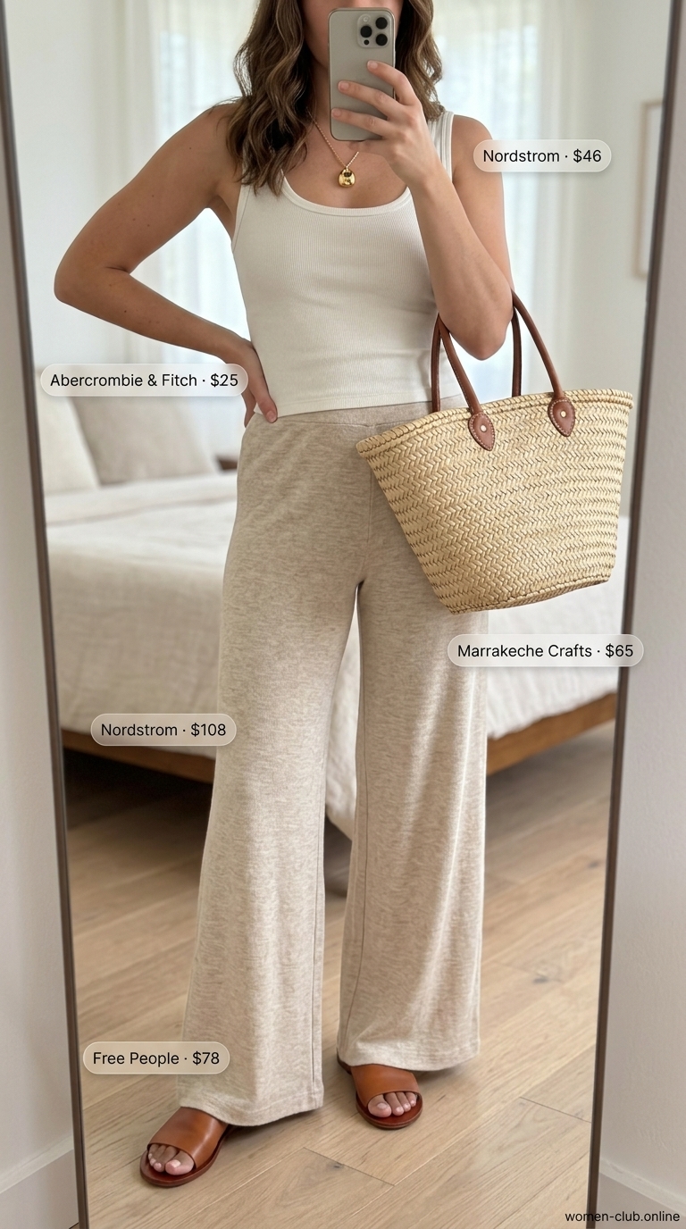 Comfy Stretchy Summer Outfits for Women 2026: Weekend Wanderer Comfy stretchy summer outfits for women 2026: Wide-leg knit pants, ribbed tank, slide sandals, straw tote for weekend wanderer style.