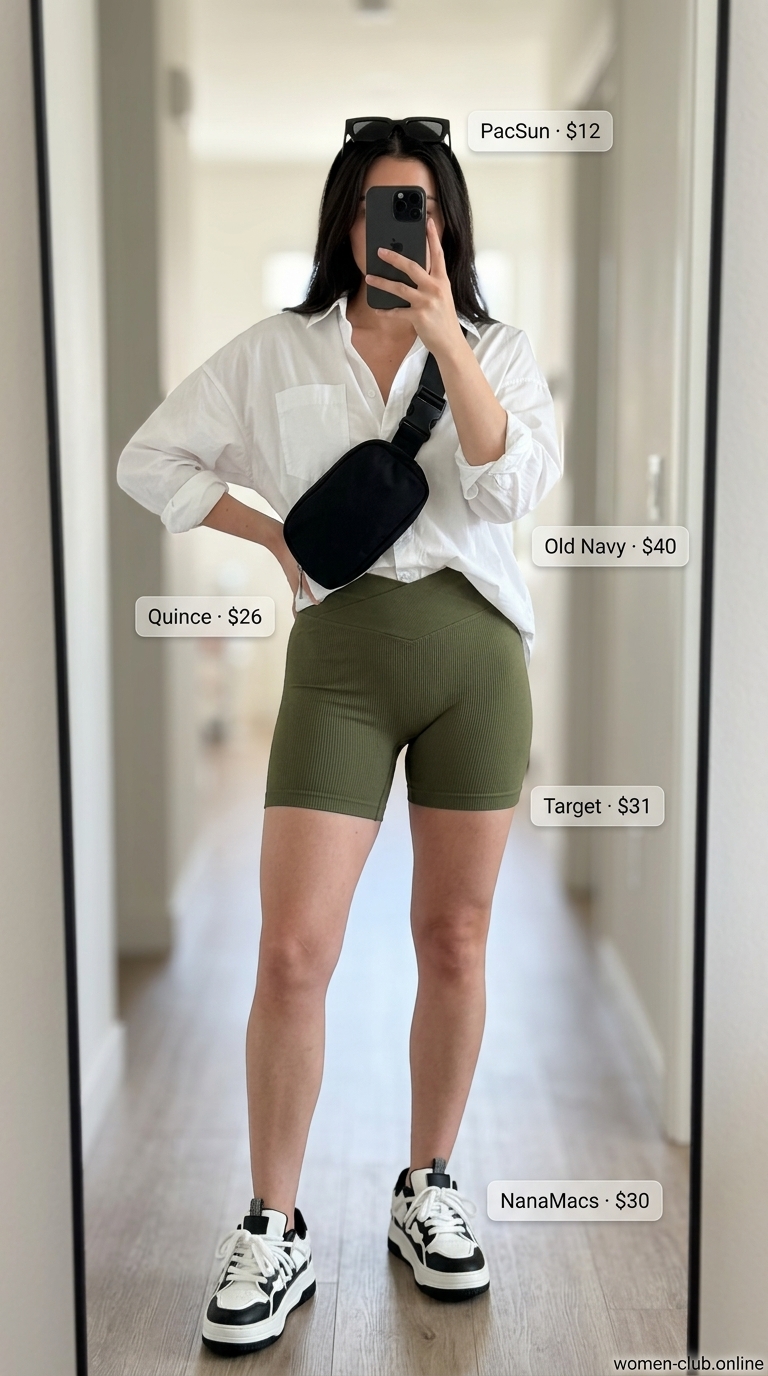 Comfy Stretchy Summer Outfits for Women 2026: Urban Explorer Comfy stretchy summer outfits for women 2026: Olive biker shorts, oversized white shirt, belt bag, platform sneakers for urban explorer.