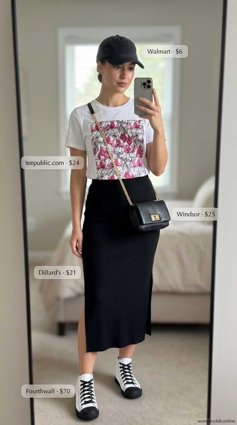 Comfy Stretchy Summer Outfits for Women 2026: Urban Street Style Comfy stretchy summer outfits for women 2026: Black midi skirt, fuchsia graphic tee, canvas sneakers, crossbody bag for urban street style.