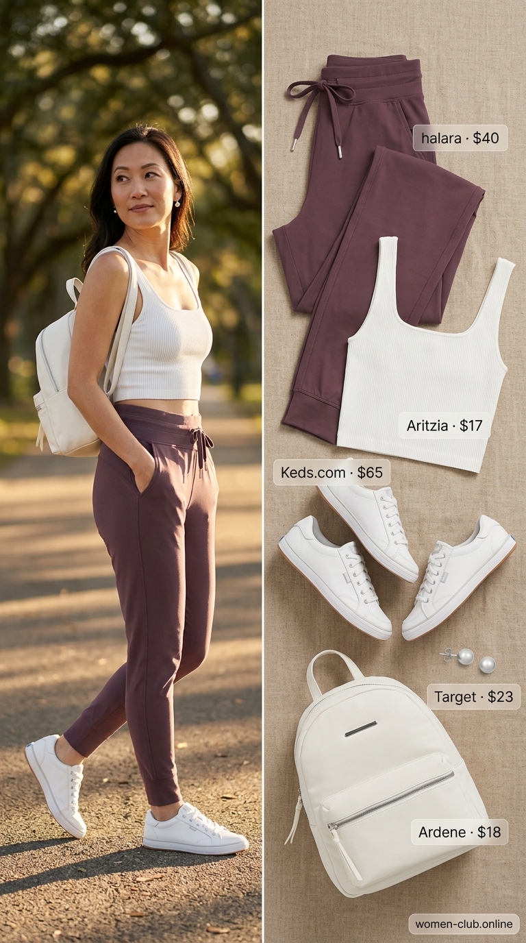 Comfy Stretchy Summer Outfits for Women 2026: Lavender Lounge Comfy stretchy summer outfits for women 2026: Lavender joggers, white crop tank, sneakers, mini backpack for lavender lounge style.