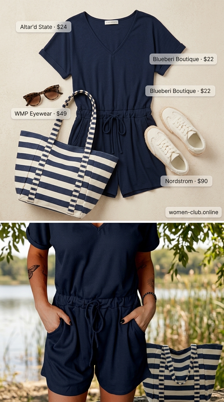 Comfy Stretchy Summer Outfits for Women 2026: Lakeside Leisure Comfy stretchy summer outfits for women 2026: Navy romper, canvas espadrilles, red bandana, striped tote for lakeside leisure.
