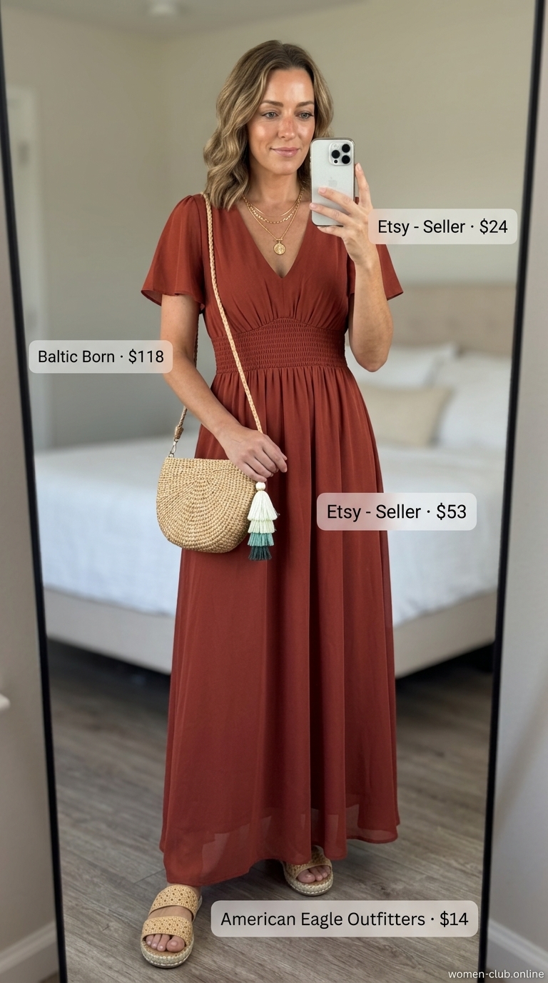 Comfy Stretchy Summer Outfits for Women 2026: Boho Sunset Comfy stretchy summer outfits for women 2026: Terracotta maxi dress, espadrilles, straw bag, layered gold necklaces for boho sunset.