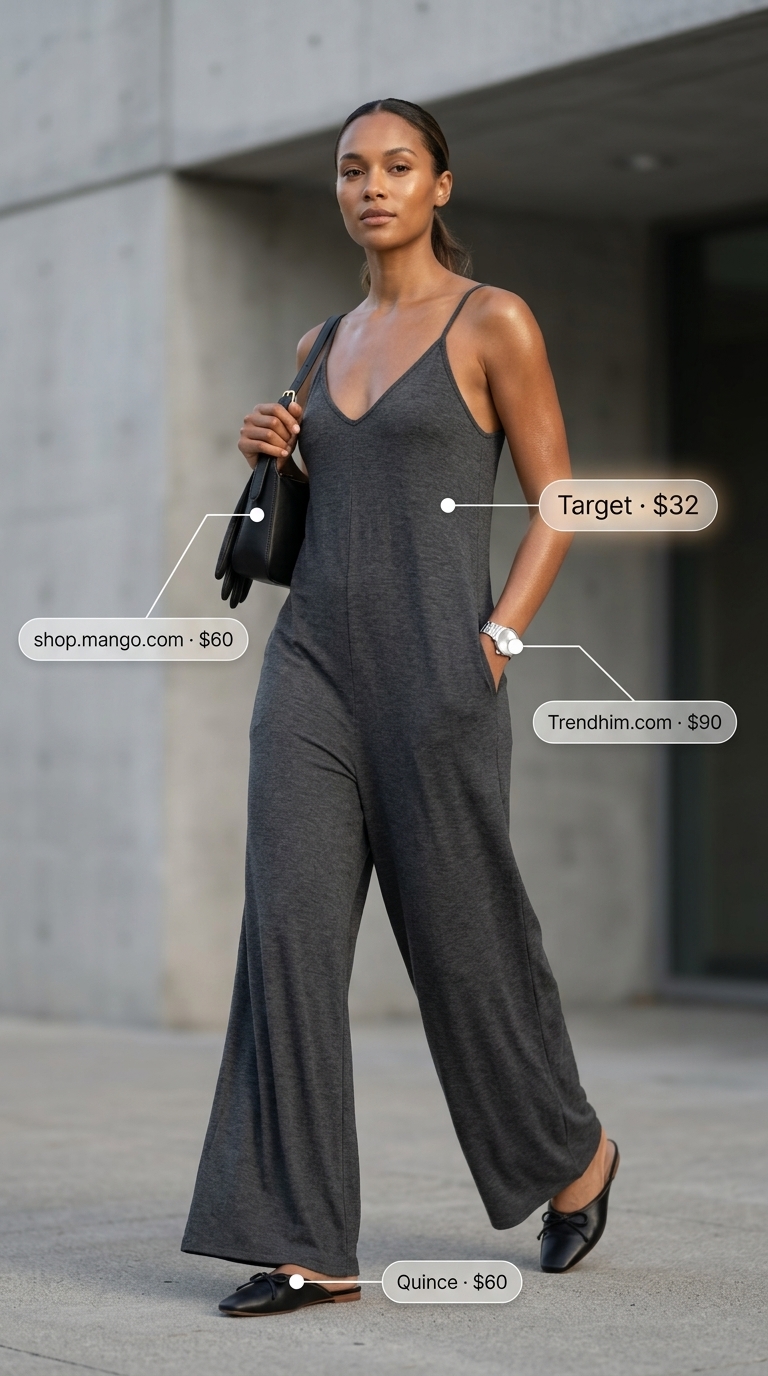 Comfy Stretchy Summer Outfits for Women 2026: Jetsetter Style Comfy stretchy summer outfits for women 2026: Charcoal jumpsuit, leather mules, shoulder bag, silver jewelry for effortless jetsetter style.