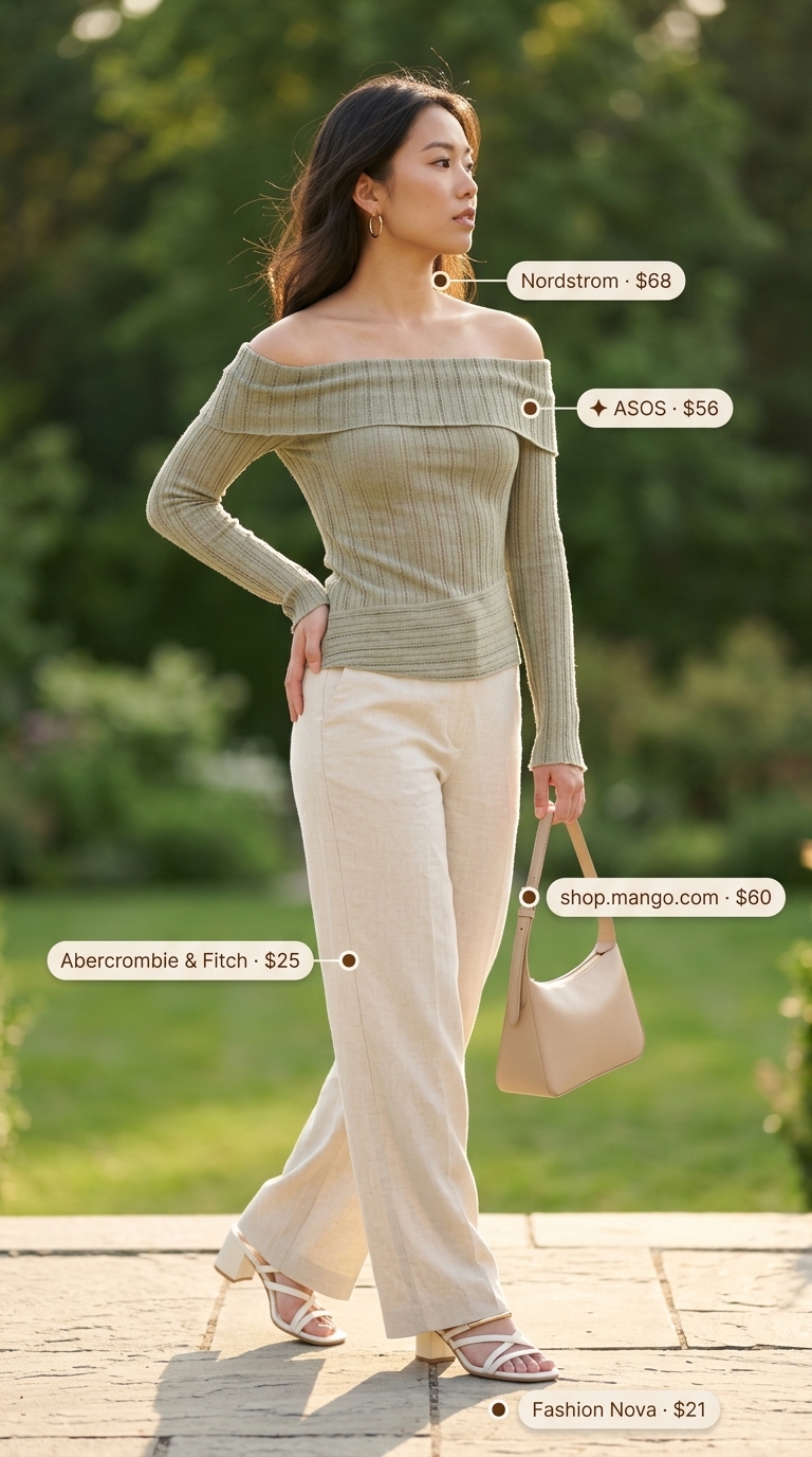 Urban garden party casual summer off-shoulder outfits for women 2026: Sage green top, cream linen trousers, beige mules.