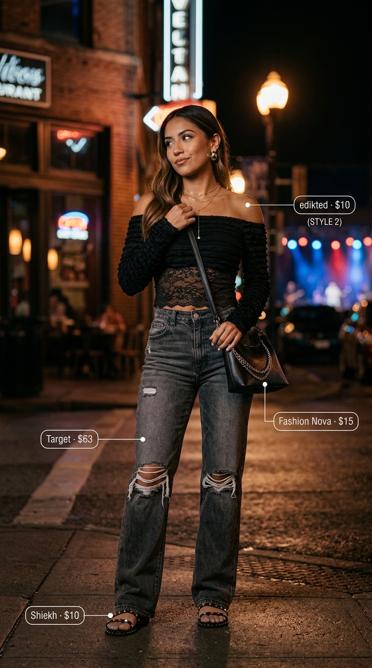 Cool city explorer casual summer off-shoulder outfits for women 2026: Black ruffle top, gray distressed jeans, studded sandals.