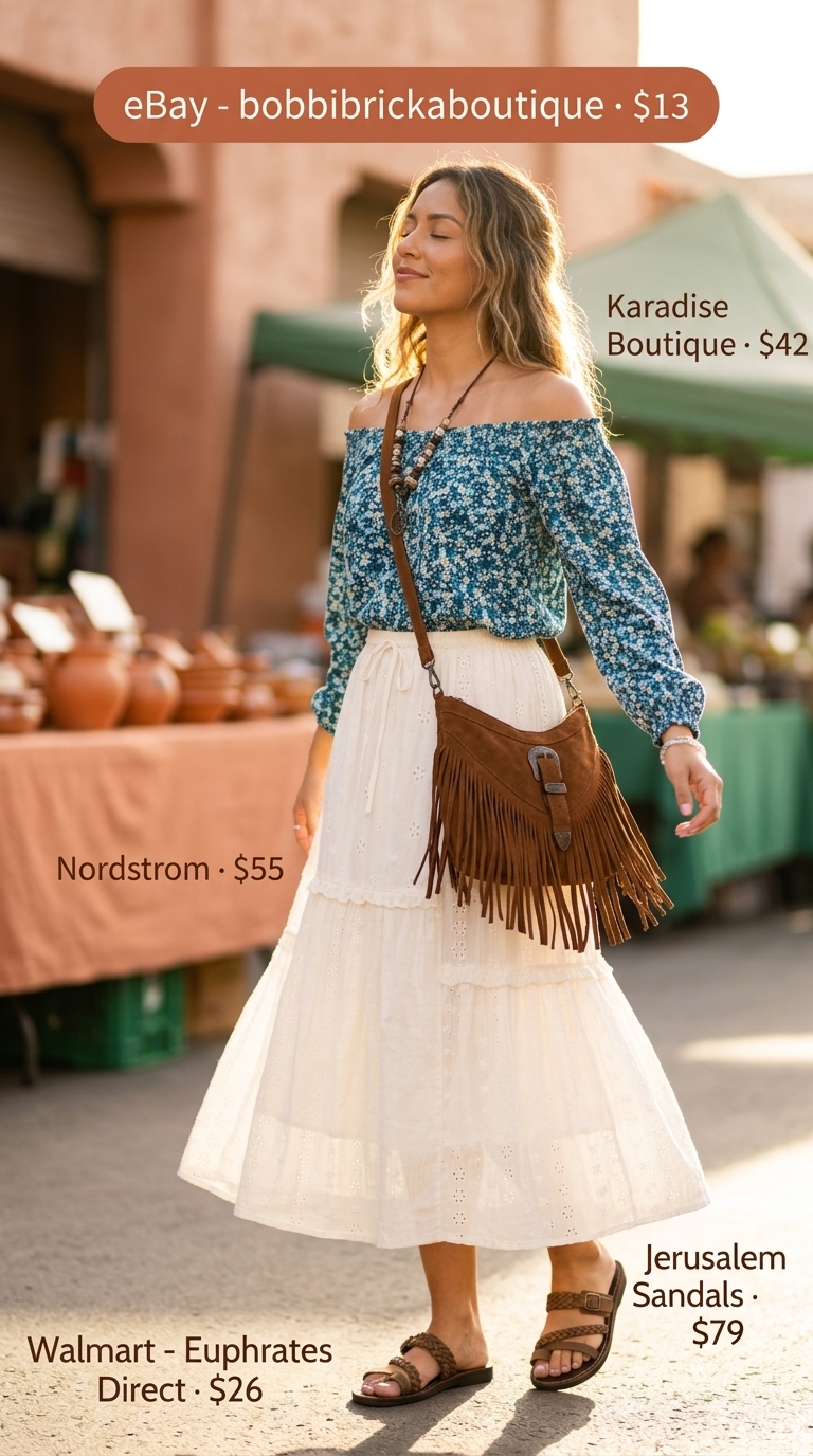Boho festival vibes casual summer off-shoulder outfits for women 2026: Teal floral top, cream tiered skirt, brown slides.