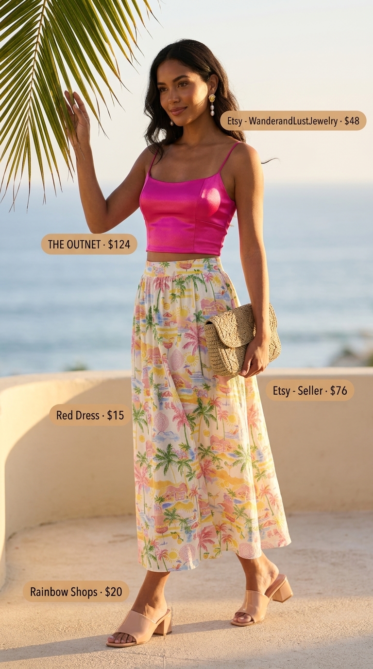 Casual summer off-shoulder outfits for women 2026: Fuchsia satin top, floral maxi skirt, heeled sandals for beach dinner.