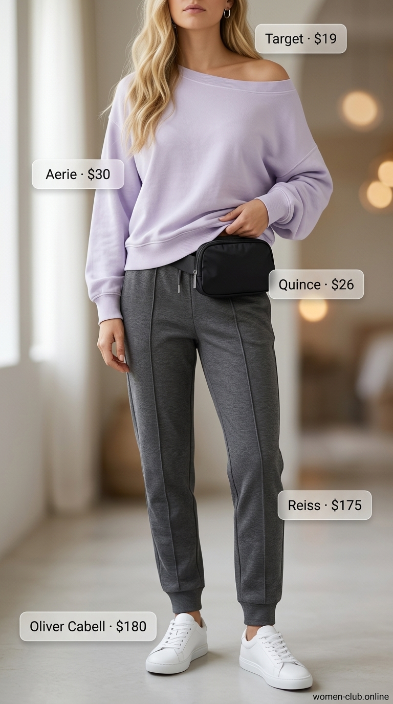 Sporty chic getaway casual summer off-shoulder outfits for women 2026: Lavender sweatshirt, gray joggers, white sneakers.