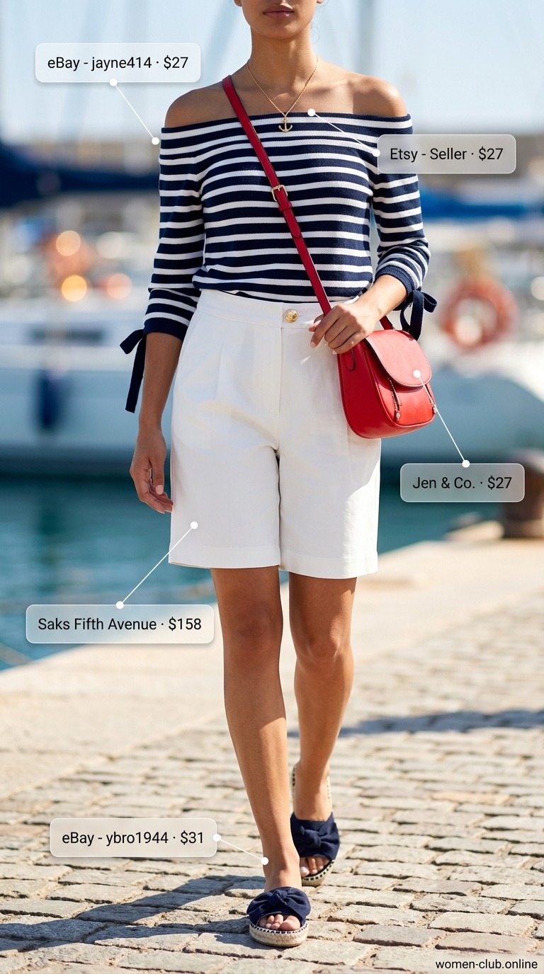 Casual summer off-shoulder outfits for women 2026: Navy striped top, white Bermuda shorts, red bag for nautical style.