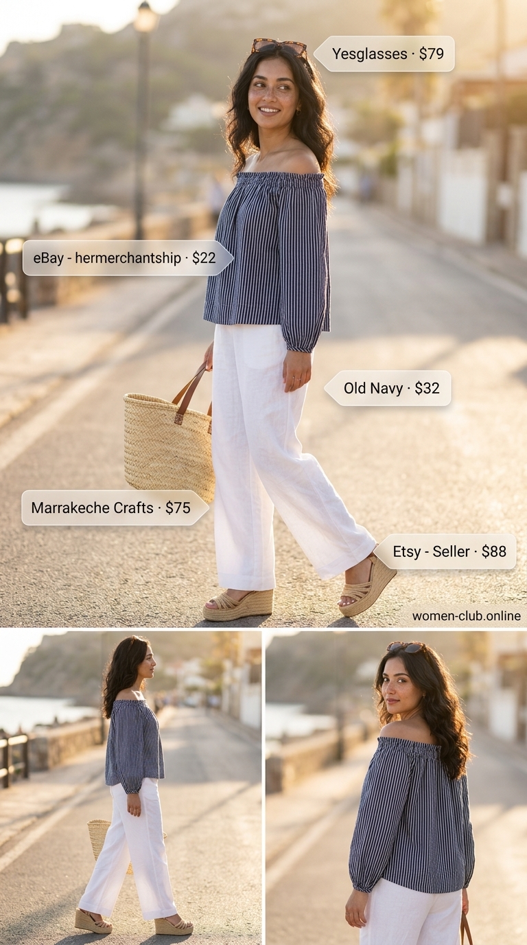 Casual summer off-shoulder outfits for women 2026: Navy stripe off-shoulder shirt, white wide-leg trousers, espadrilles for coastal style.