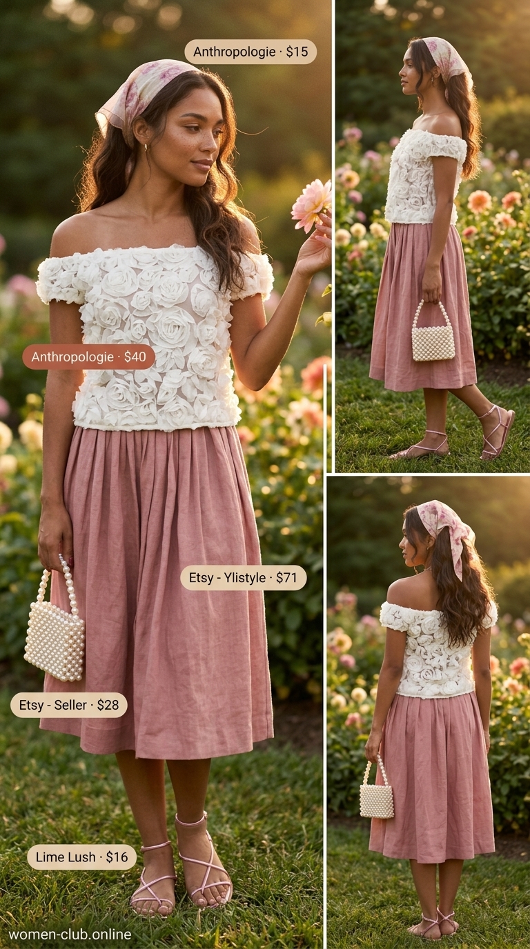 Casual summer off-shoulder outfits for women 2026: Floral crop top, blush pink skirt, rose gold sandals for garden party.