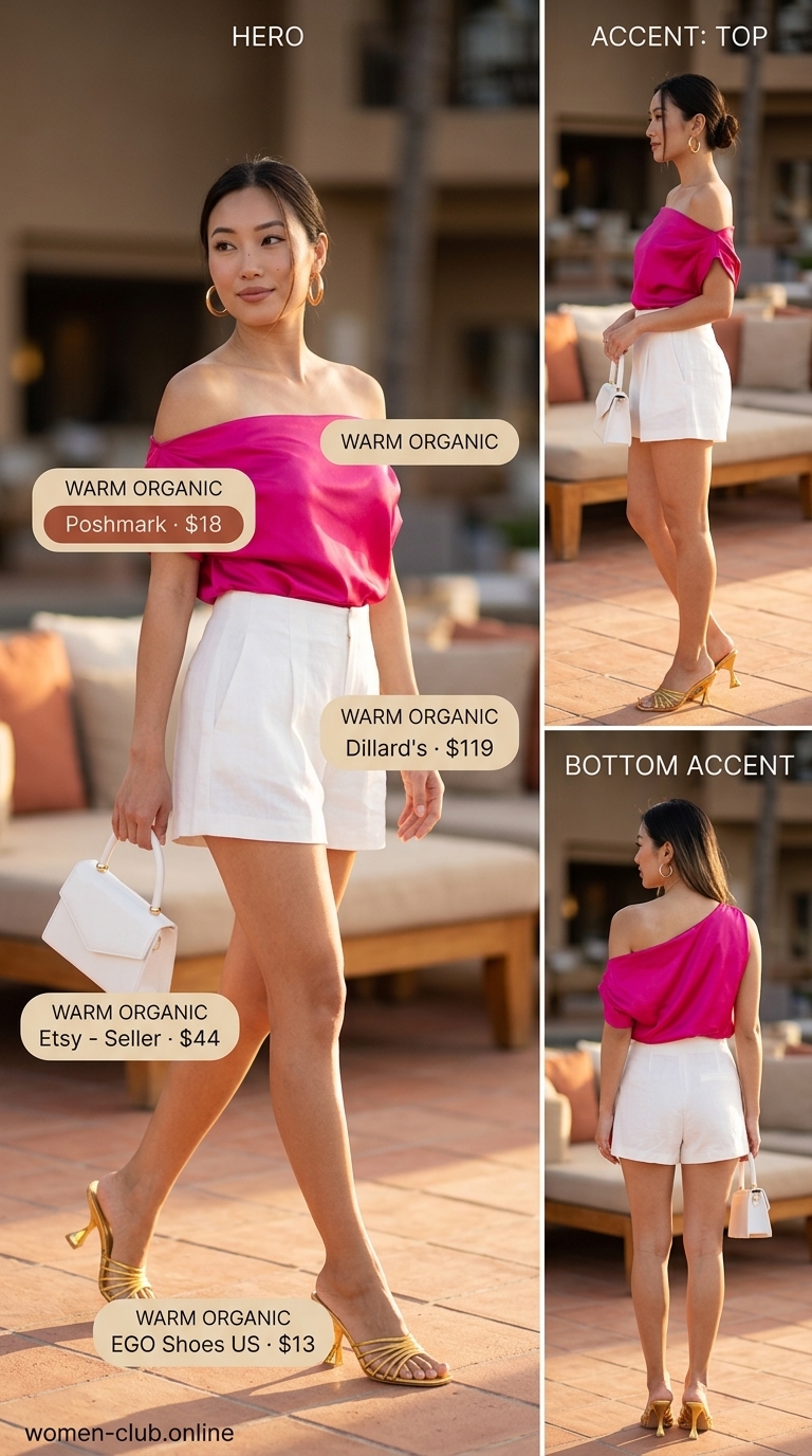 Resort glam casual summer off-shoulder outfits for women 2026: Fuchsia satin blouse, white linen shorts, gold heels.