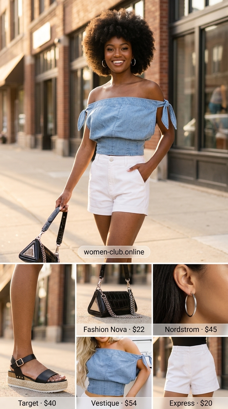 Casual summer off-shoulder outfits for women 2026: Denim off-shoulder top, black tailored shorts, platform sandals for modern style.