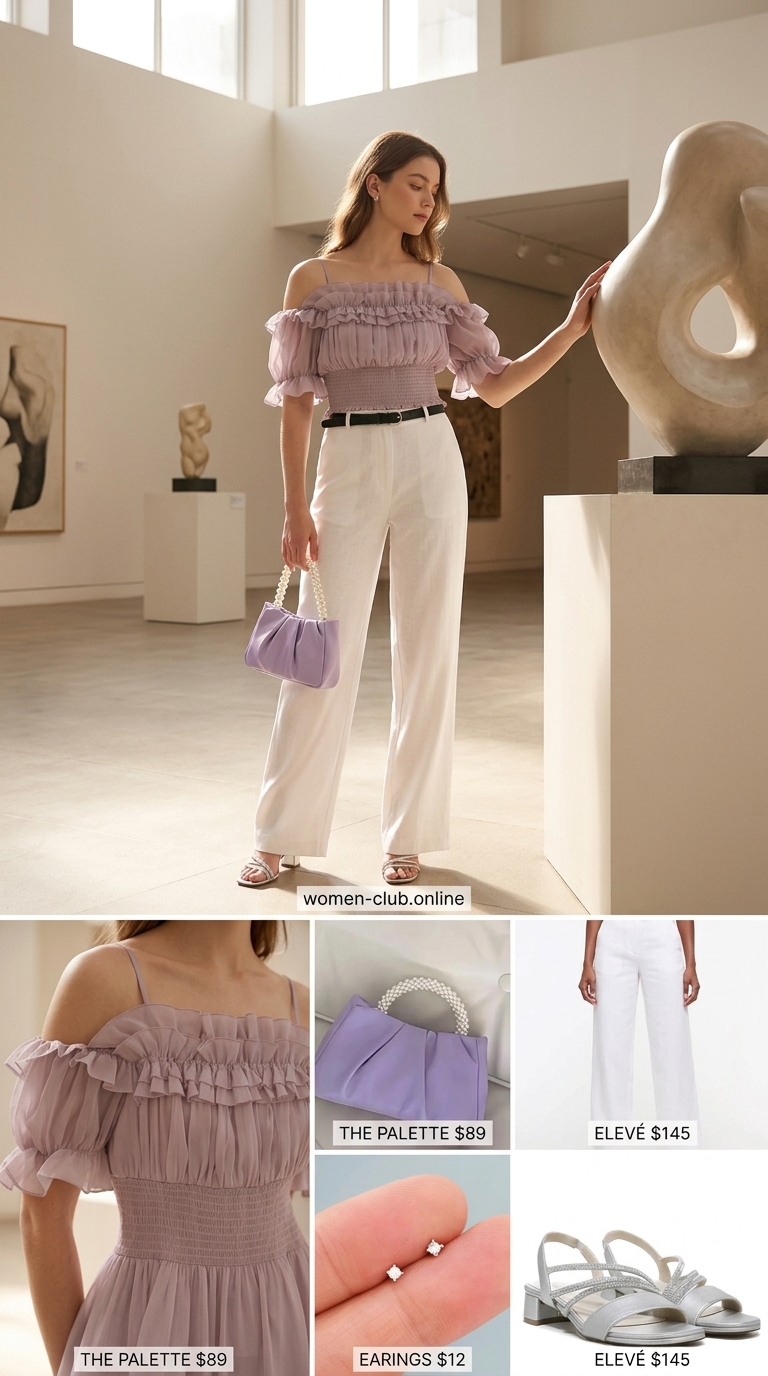 Casual summer off-shoulder outfits for women 2026: Lavender sheer blouse, white trousers, silver sandals for a dreamy look.