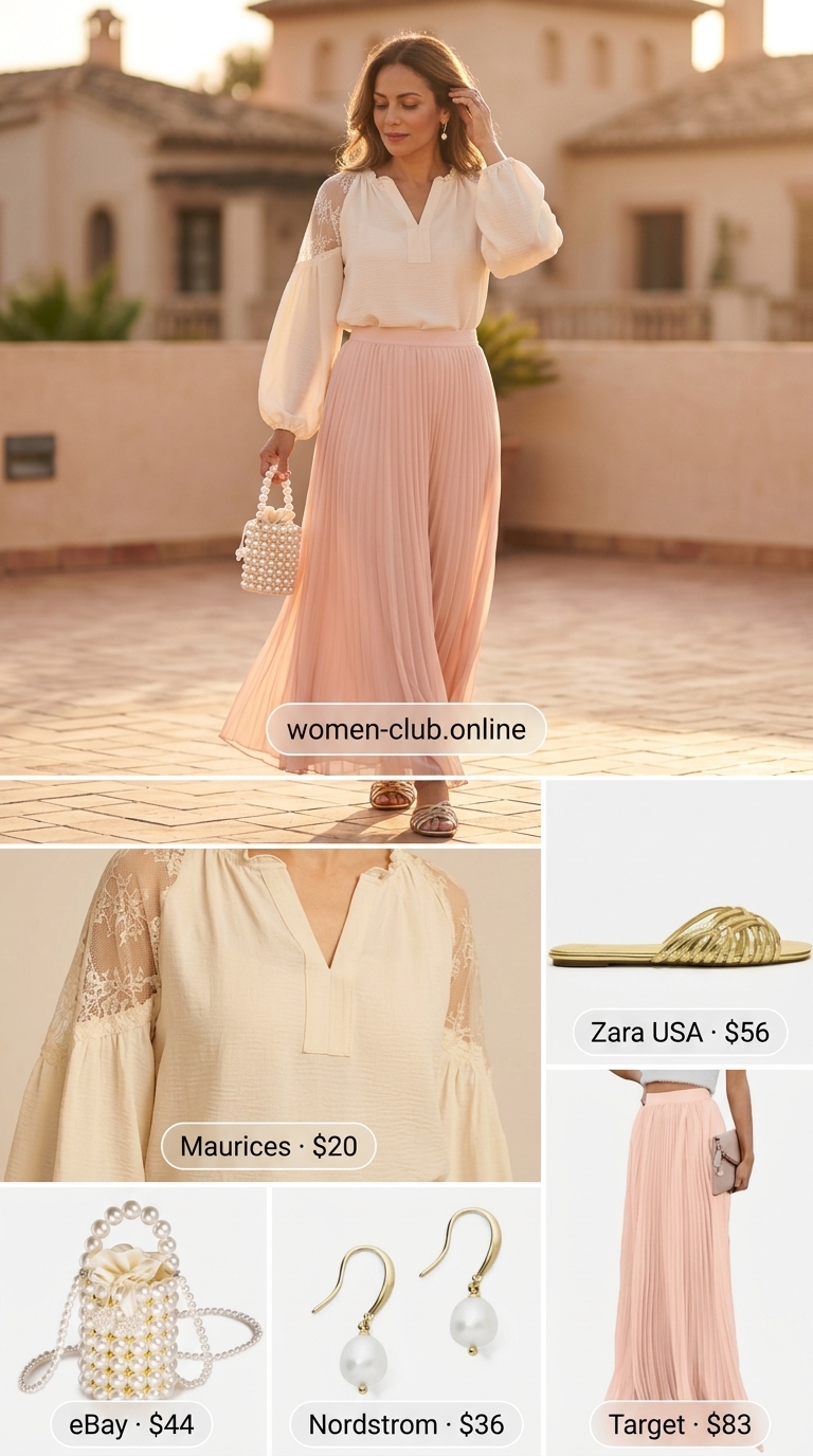 Soft romance casual summer off-shoulder outfits for women 2026: Cream eyelet top, blush maxi skirt, gold flats.